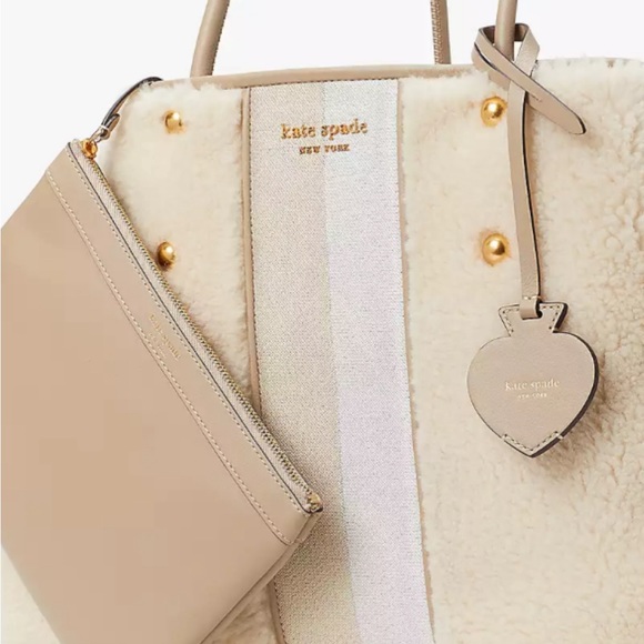 ♠️kate spade Everything Racing Stripe Faux Shearling Fur Large Tote, Cream, NWT - Picture 4 of 16